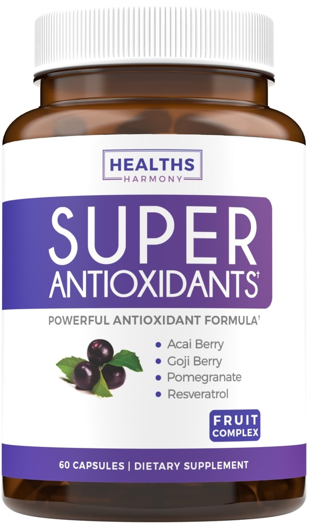 Super Antioxidants Supplement for Women & Men - High Potency Herbal & Fruit Blend with Acai, Goji, Pomegranate, Elderberry & Resveratrol for Skin Care & Immune Support - Vegan & Non-GMO - 60 Capsules
