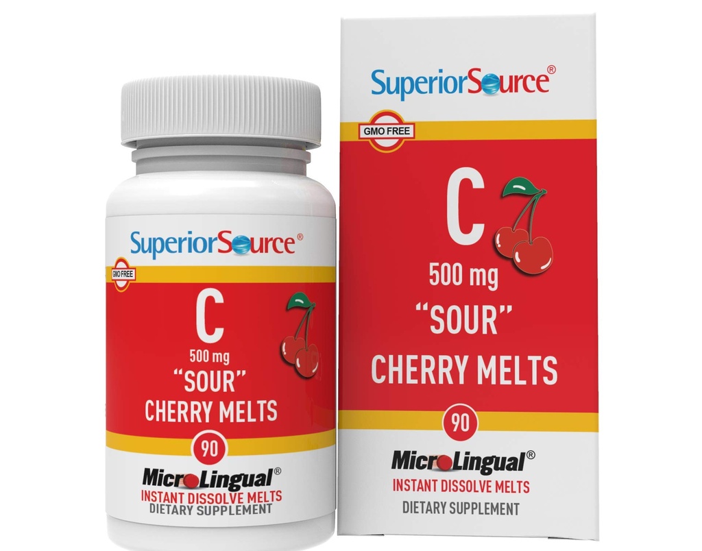 Superior Source Vitamin C 500 mg Sour Cherry Melts - Daily Vitamin Supplement Supports Immune Health - Vitamin C Formula Aids Cell Health - 90 Sublingual Dissolving Tablets