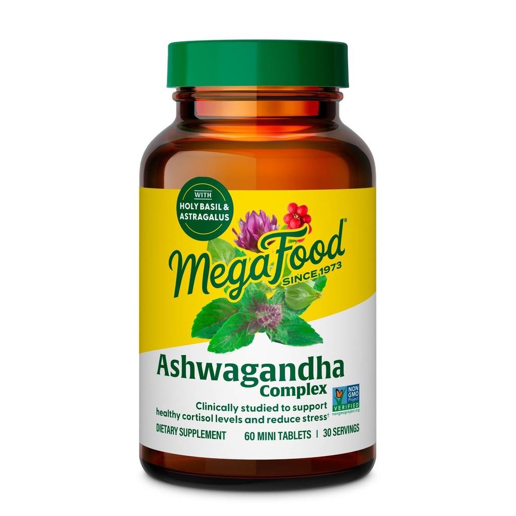 MegaFood Ashwagandha Complex (tidigare stressskydd) - Ashwagandha Supplements Astragalus Root & Holy Basil - Vegetarian, Gluten Free, Cortisol Supplement - 60 Mini tabletter, 30 portioner