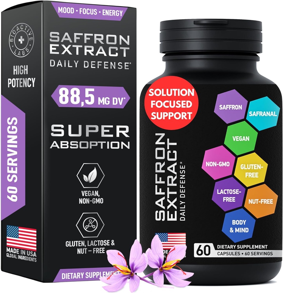 Optimerade Saffron Supplements - 88.5mg Pure Saffron Extract for Mood Support, Focus, Energy - Plus Crocin, Crocetin, Kaempferol - Gluten-Free, Non-GMO - 1-a-Day 60 kapslar