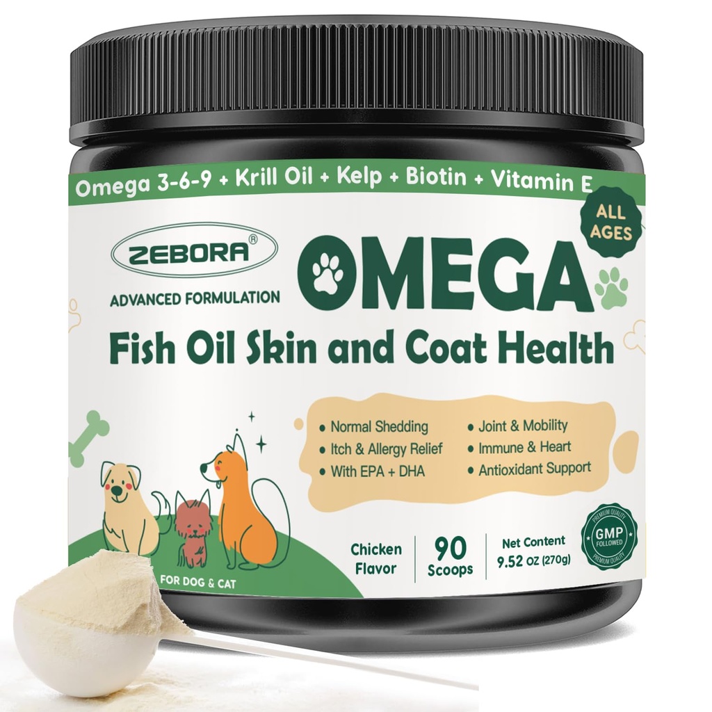 ZEBORA Omega 3 Fiskolja för hundar, vildfångad hundfiskolja, EPA & DHA, Krill Oil, Kelp, Skin och Coat Supplement, Anti Itch & Shedding, Support Dry Skin, Joint Health, Dog Allergy Relief
