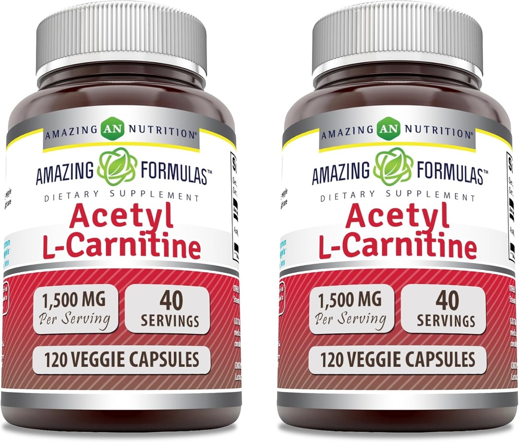 Fantastiska formler Acetyl L-Carnitine 1500 Mg Per Servering Veggie Capsules Supplement | Icke-GMO | Gluten Free | Tillverkad i USA | Lämplig för vegetarianer (120 greve) | Pack 2