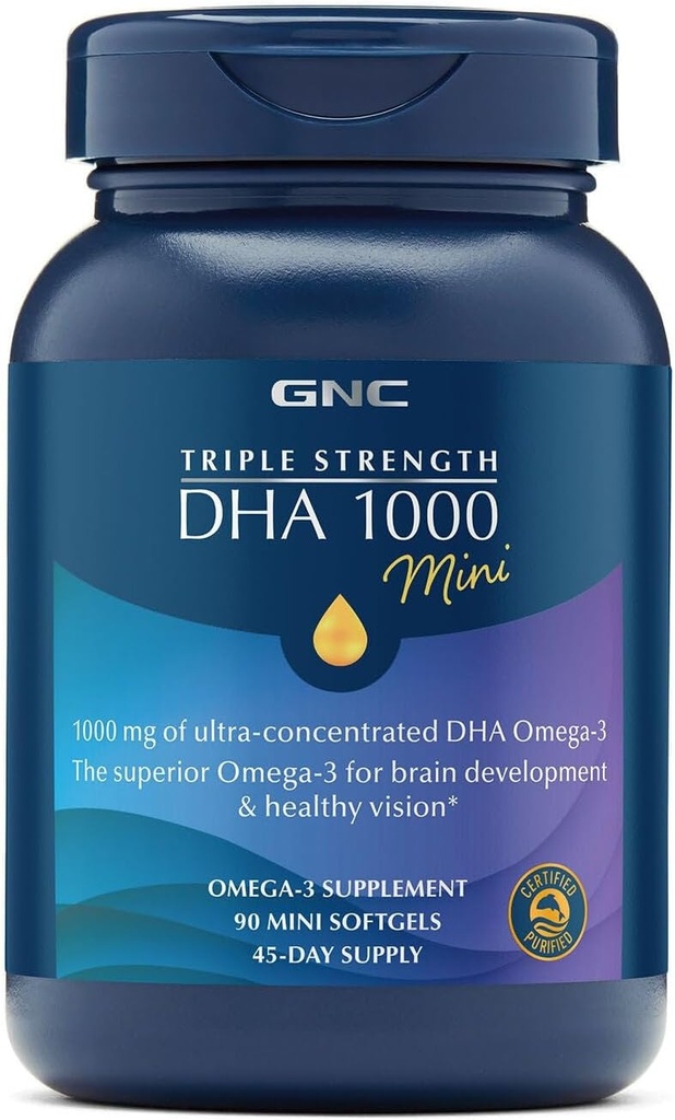 GNC Triple Strength DHA 1000 Mini Omega 3 Supplement, 1000mg, Ultra Concentrated, High Potency, stöder hjärnutveckling och hälsosam vision, Burpless, 90 Mini Softgels, 45 SVG, 45 Day Supply