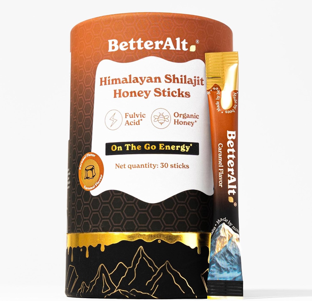 Bättre Alt Pure Himalayan Shilajit Caramel Honung Sticks med organisk honung | Lätt att konsumera Shilajit | 30 Sticks för energi Boost & Immune Support, 85 + Spår Mineraler, 75% + Fulvic Acid
