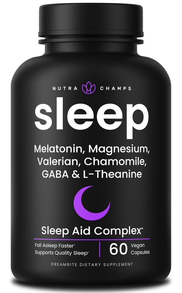 NutraChamps 10-i-1 naturliga sömnhjälpmedel för vuxna - Melatonin, Lemon Balm 1000mg, Chamomile 400mg, Valerian Root 600mg, L Theanine, L Tryptophan, GABA, Magnesium Sleep Aid