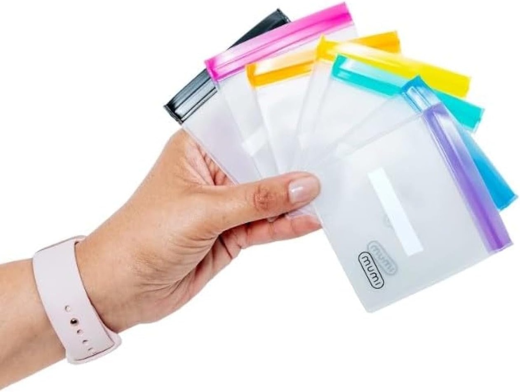 MUMI Mini Zipper Pouch Set - 7 Small Reusable Clear Zip Lock Bags med skrivbara etiketter för resor, medicin, smink, piller, små kosmetiska organisatorpåsar för handväska, kontor, plast lagring