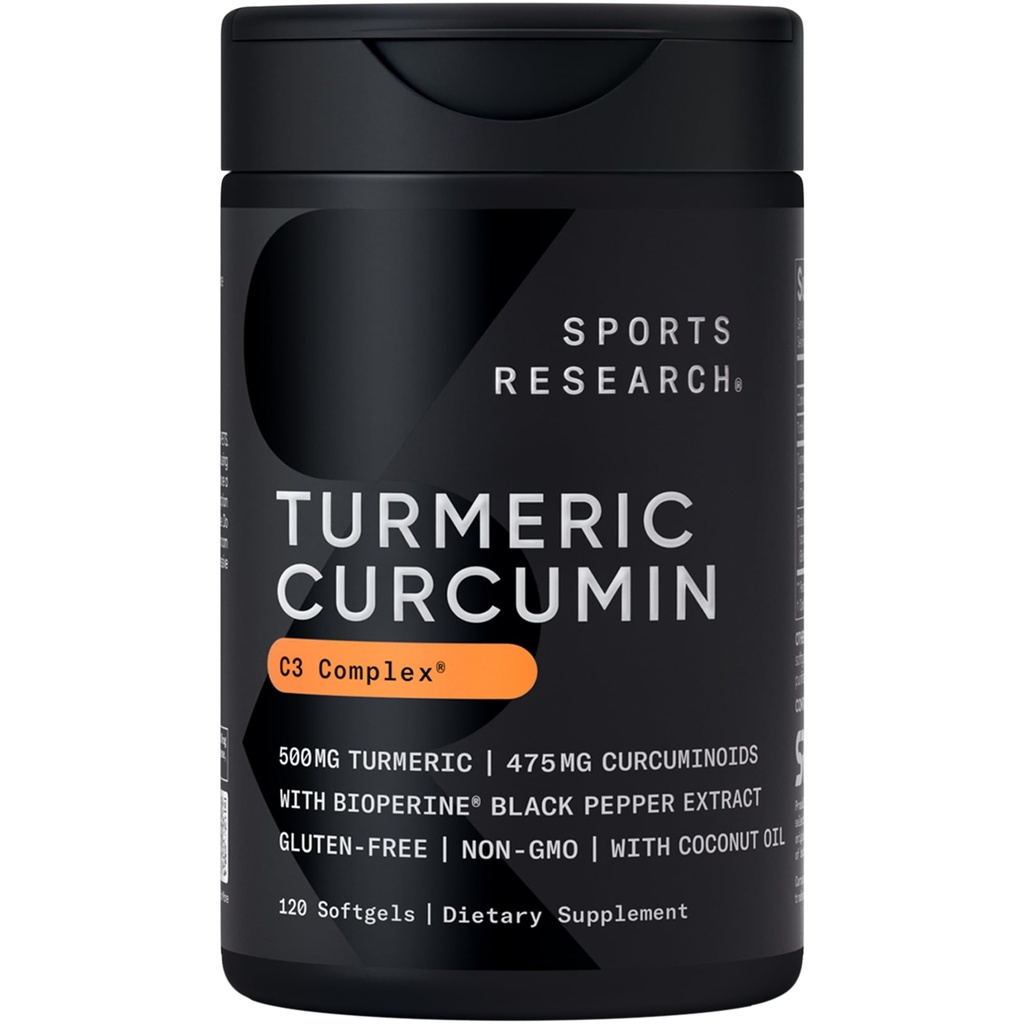 Sports Research® Turmeric Curcumin C3 Complex® w/BioPerine Black Pepper Extract & Organic Coconut Oil - Standardized 95% Curcuminoids · Non-GMO · Gluten Free - 120 Count Softgels