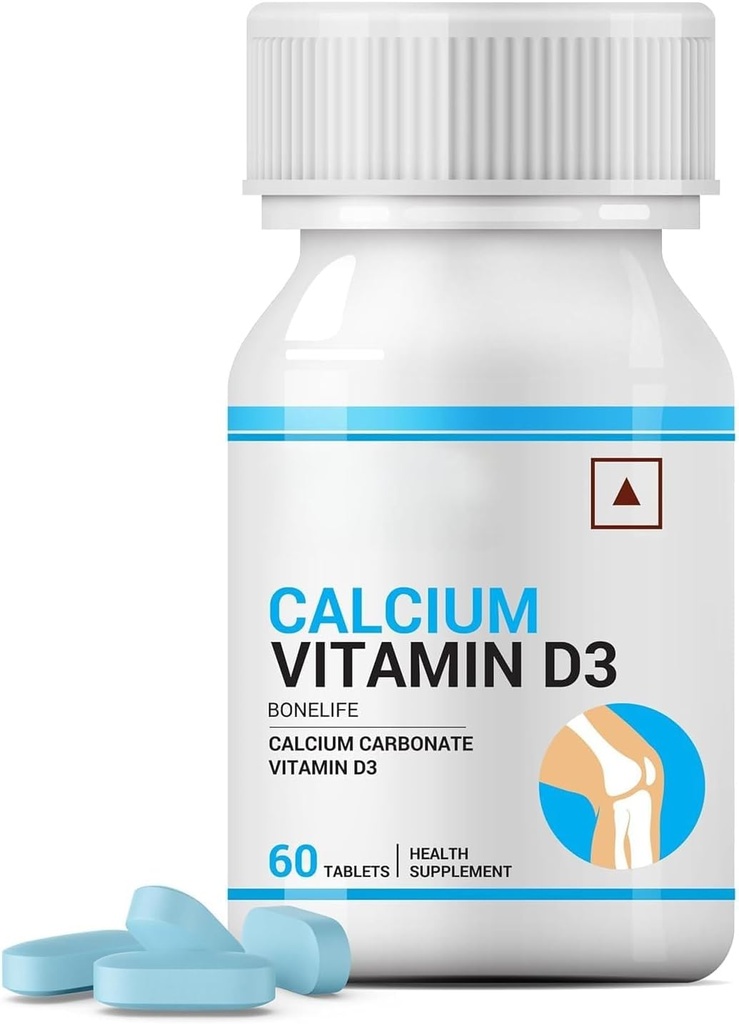 Kalcium och vitamin D3 tabletter för män kvinnor | Kalciumkarbonat tillskott för ben och gemensamt stöd - 60 tabletter (Pack av 1, 60)