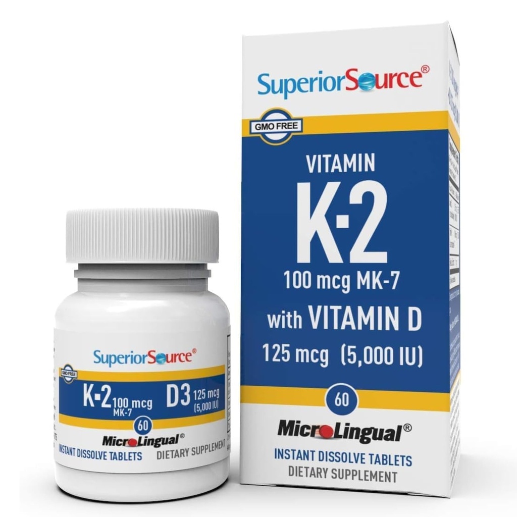 Superior Source K2 (MK-7) 100 mcg, med D3 (5,000 IE) Supplement, Quick Dissolve MicroLingual Tablets, 60 Count, Strengthen Bones, Cardiovascular & Immune System Support, Non-GMO