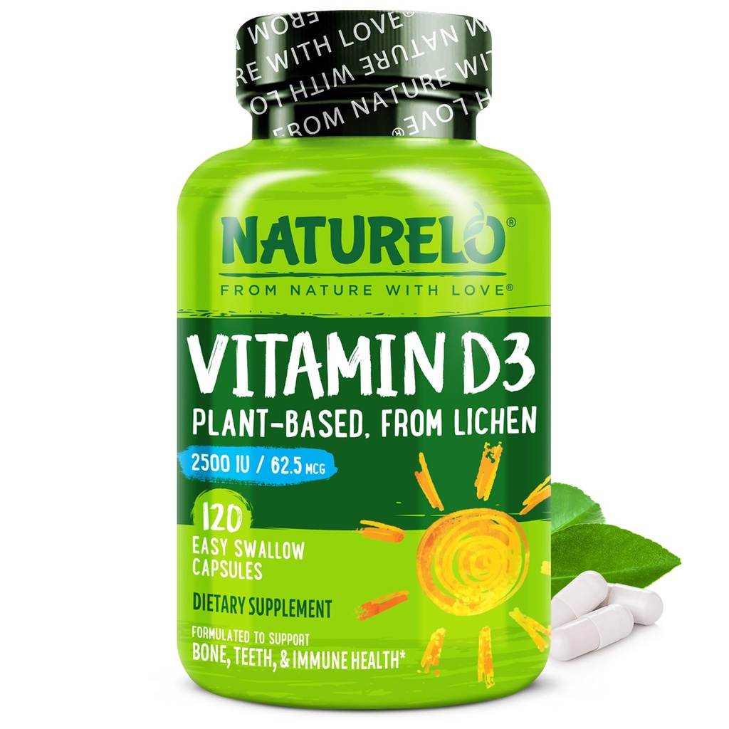 NATURELO Vitamin D - 2500 IE - Plant Baserat från Lichen - Natur D3 Supplement för immunsystem, benstöd, gemensam hälsa - Vegan - icke-GMO - Glutenfri - 120 kapslar
