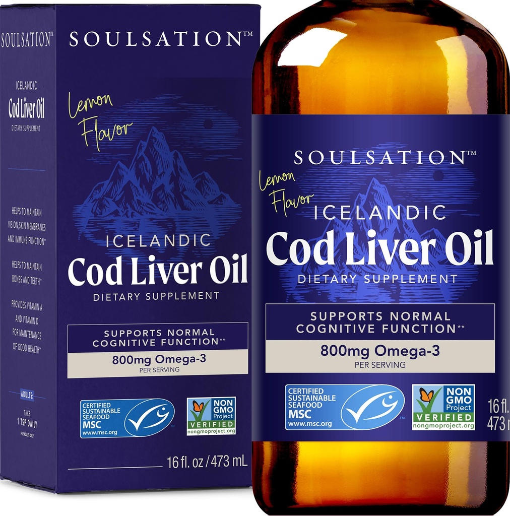 Icelandic Cod Liver Oil Liquid, Lemon (16oz) - Vitaminer A & D, EPA & DHA - Hjälper Vision, Skin Membranes & Immune Function - MSC Certified, Non-GMO