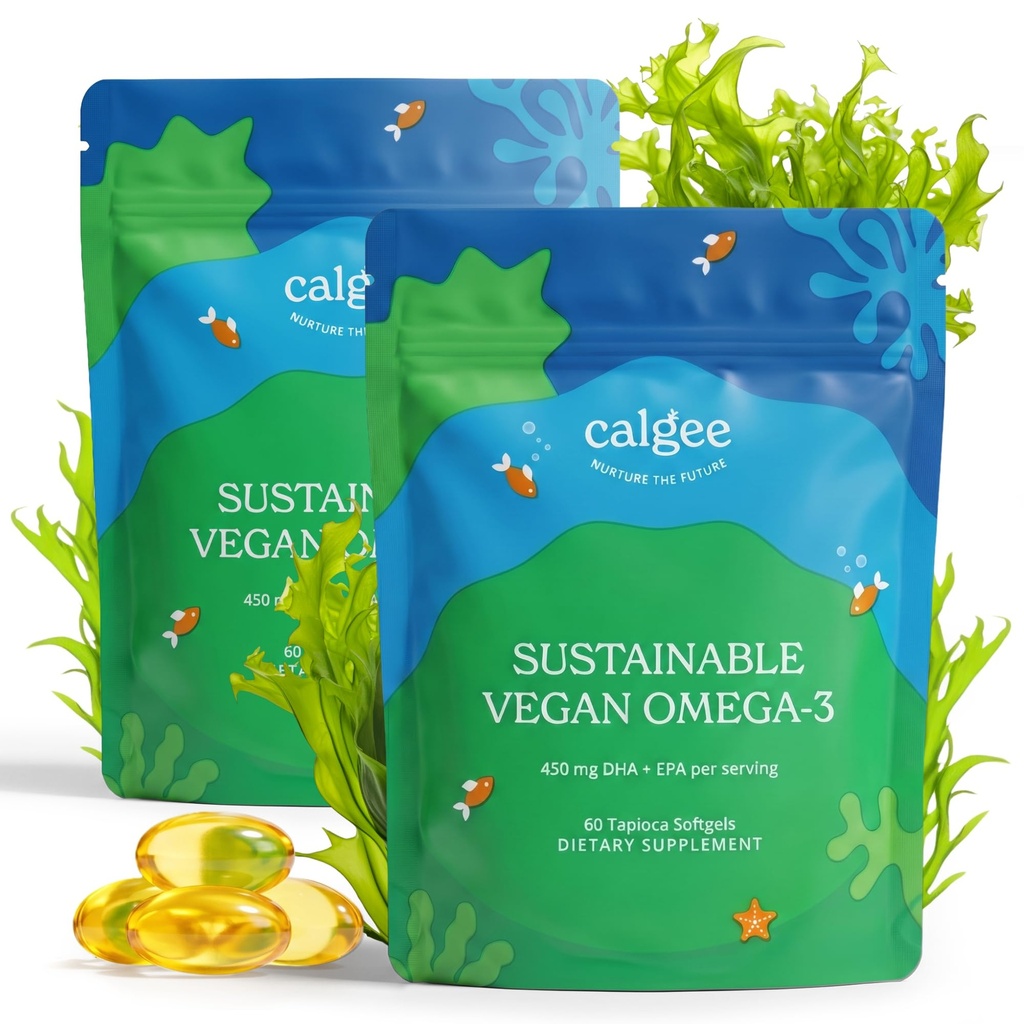Calgee Vegan Omega 3-450mg DHA & EPA Fatty Acids - Hållbar Algerolja - Växtbaserad fiskolja Alternativ - Carrageenan-Free Softgels (120 Ct)