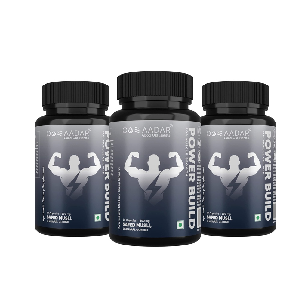 AADAR Power Build | Ayurvedic Real Muscle Mass Gainer | Förbättrar prestanda & Boost Metabolism | (Safed Musli, Gokhru, Shatavari) 30 kapslar (Pack 3)