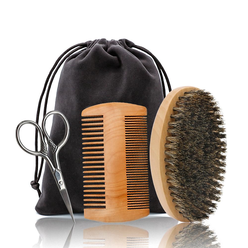 Hår Dough Beard Brush & Comb, Scissors Set for Men, Set innehåller mjuk Boar Bristle Brush, Bamboo Wide Tooth Comb och Mustache Trimming Scissors, Straighten & Soften Your Beard