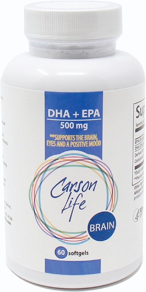 Carson Life DHA EPA Omega 3 Supplement - Avancerad EPA DHA Omega 3 Supplement för hjärnfunktionsstöd, minne, ögonfunktion och positivt humör - Gjord i USA - 60 Softgels