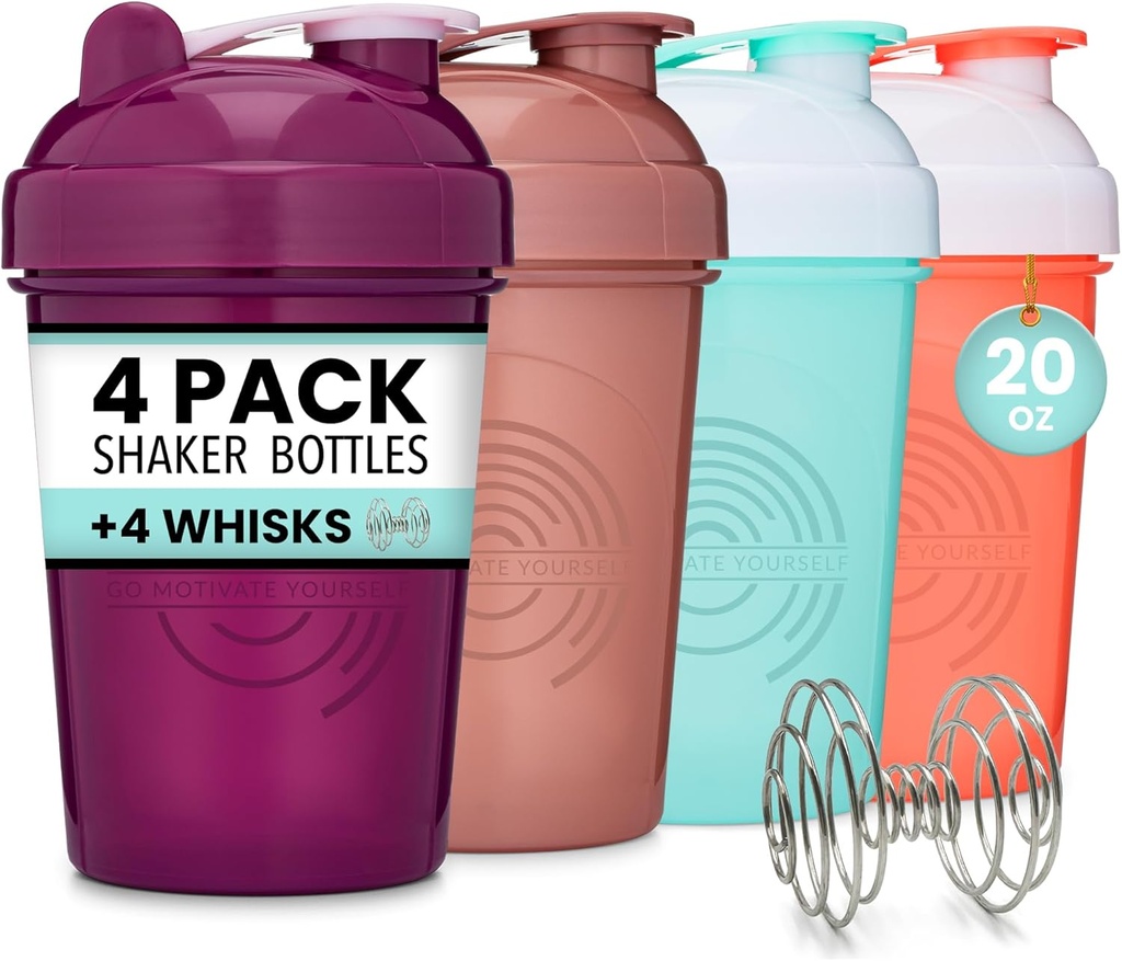 GOMOYO 4-Pack - 20 Ounce Shaker Bottle, Protein Shaker Wire Whisk x4, Bulk Protein Drink och Pre-Workout Shaker Cups, Dishwasher Safe & BPA Free