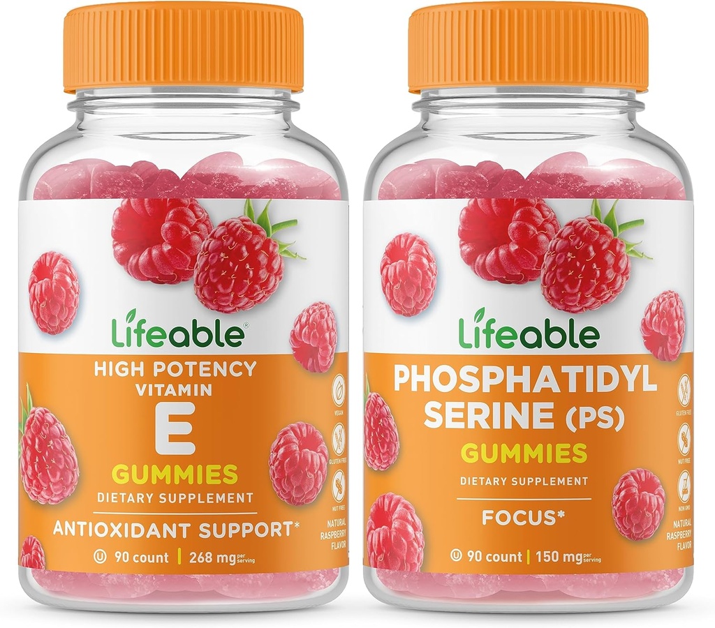 Livlig vitamin E + Phosphatidylserine (PS), Gummies Bundle - Stor smak, vitamintillskott, Gluten Free, GMO Free, Chewable Gummy