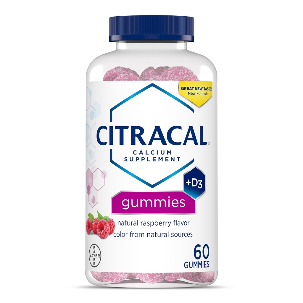 Citracal Calcium Gummies, Calcium Supplement med vitamin D3, Support Bone Health, för ålder 12 +, naturlig hallon smak, 60 greve