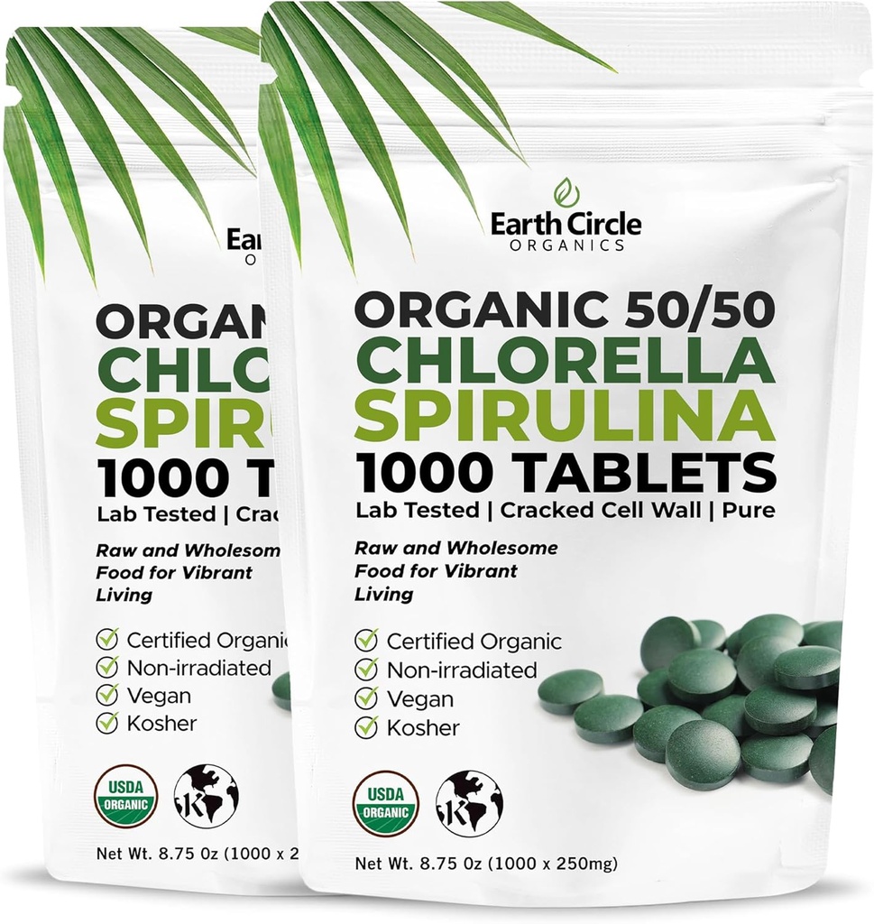 Premium Organic CHLORELLA /SPIRULINA 1000 tabletter (50/50) Kosher, Vegan - Green Algae Superfood, Cracked Cell Wall, Chlorophyll, High in Protein & Iron, inga tillsatser, eller fillers 8.75 Oz (2 Pack)