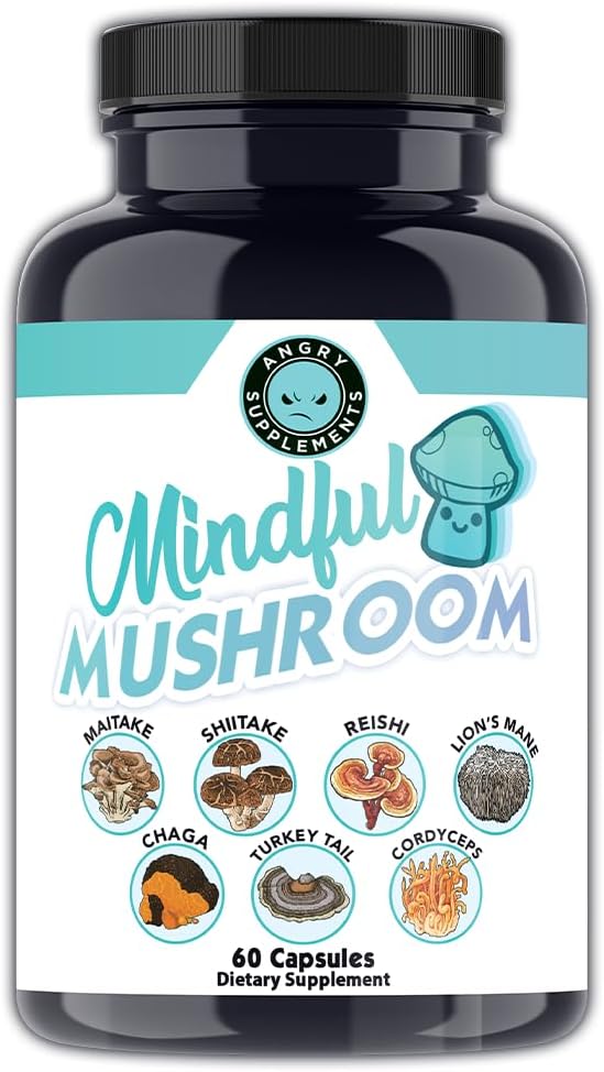 Angry Supplements Mindful Mushrooms Capsules - 7in1 Premium Health Shroom Blend of Maitake, Shiitake, Reishi, Turkey Tail, Cordyceps, Lions Mane och Chaga Mushrooms (60ct)