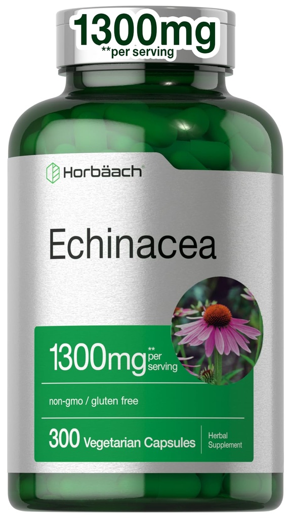 Horbäach Echinacea extrakt kapslar 1300mg | 300 greve | Vegan, icke-GMO, Gluten fri tillägg