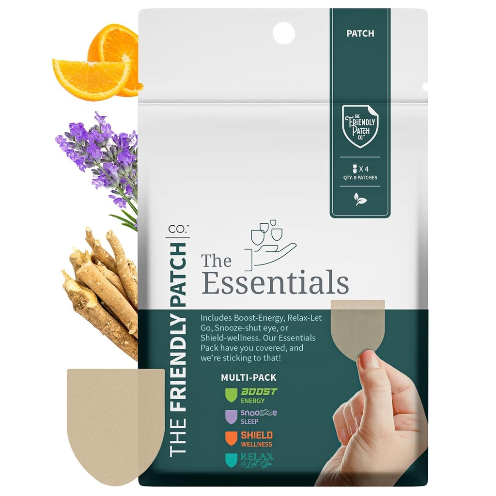 The Friendly Patch Travel Essentials Multi-Pack inkluderar 8 Patches: Snooze Sleep Patches, Ashwagandha lugna Patches, Boost Energy Patch och Shield Patches för sömn, avkoppling och energi.