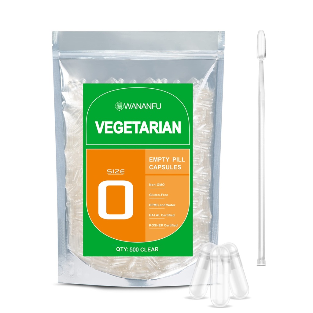 wananfu Size 0 Empty Capsules Vegetarian (500 Count) Bundle med Micro Lab Spoon, Clear Fillable Veggie Pill Capsules Storlek 0 för att göra dina egna tillägg