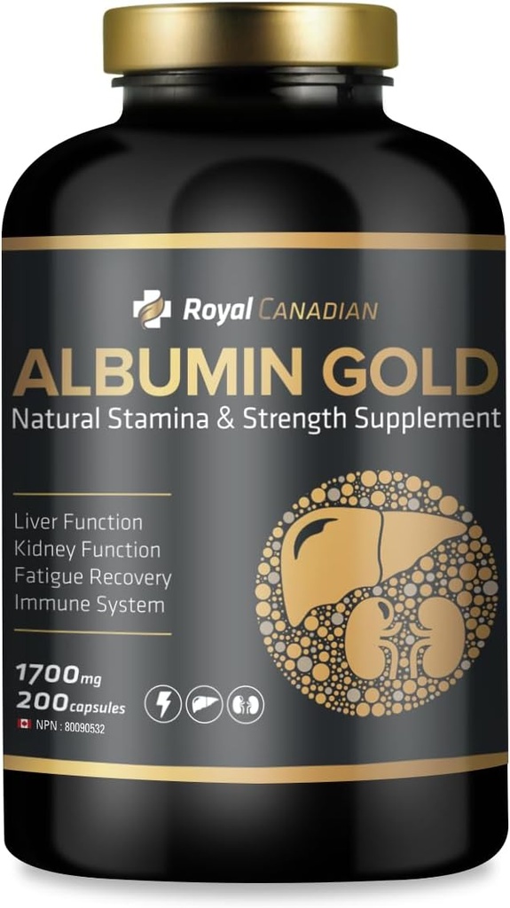 ROYAL CANADIAN Albumin Gold 1700mg | Liver Function | Njurfunktion | Trötthet Återhämtning | Immunsystem (200 x 1700mg kapslar)