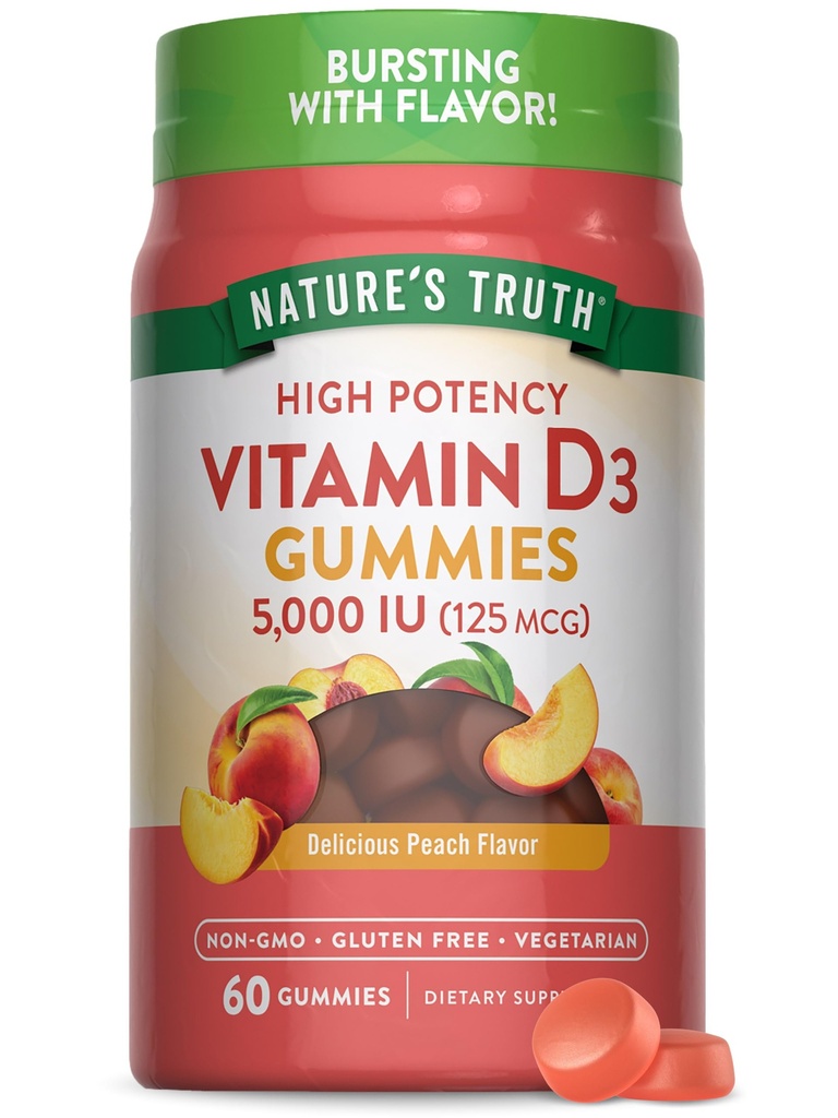 Naturens sannings vitamin D3 Gummies | 5000 IE | 60 greve | Peach smak | Vegetarisk, icke-GMO & Gluten fri tillägg