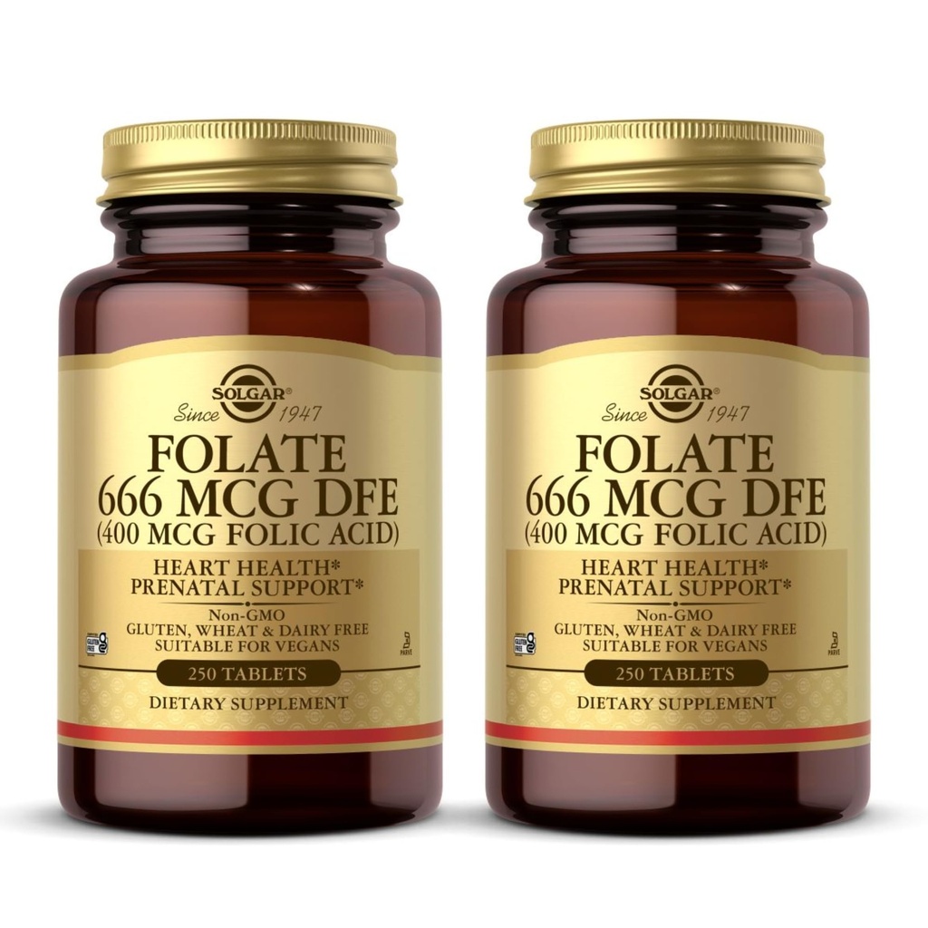 Solgar Folate 666 mcg DFE (Folic Acid 400 mcg) - 250 tabletter, paket med 2 - Prenatal Support - Non-GMO, Vegan, Gluten Free, Dairy Free, Kosher - 500 Totalt portioner