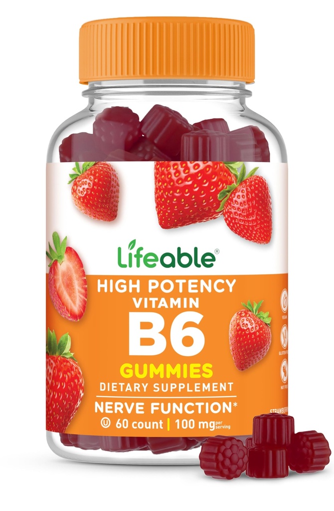 Livlig vitamin B6 Gummies | 100mg | Stor smak VIT B6 Supplement | Vegan B6 Vitaminer för Nerve Support Supplement | Vitamin B 6 för vuxna, män, kvinnor | 60 Gummies