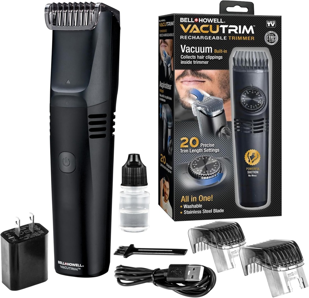 Vacutrim Cordless Mens Beard Trimmer, Rechargeable Electric Shaver med 20 Trim Setting Calibration Dial och Built-in Vacuum för Mustache, Sideburns. Ansiktshår, svart, 7,5", som ses på TV