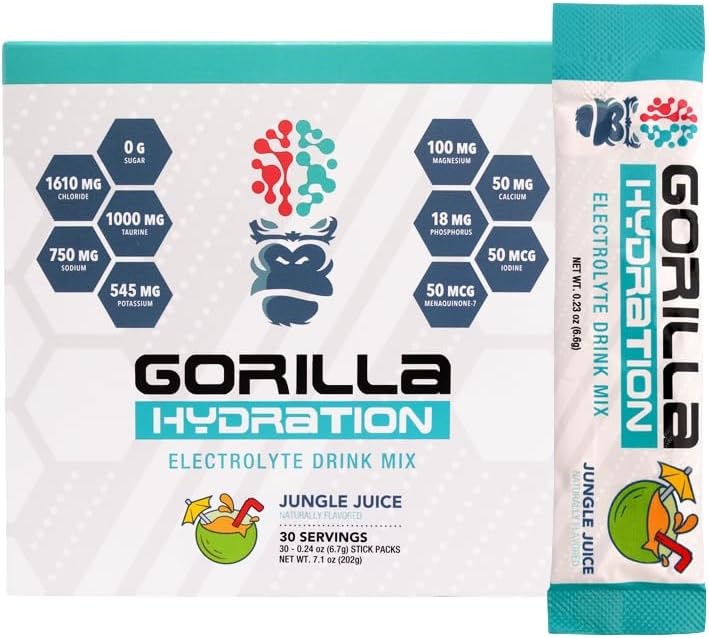 Gorilla Mind Hydration Packets - 3,073mg Electrolytes On The Go Convenient Drink Mix för omfattande replikering - Zero Sugar, naturligt sötad och fastande vänlig - 30 greve (juice)
