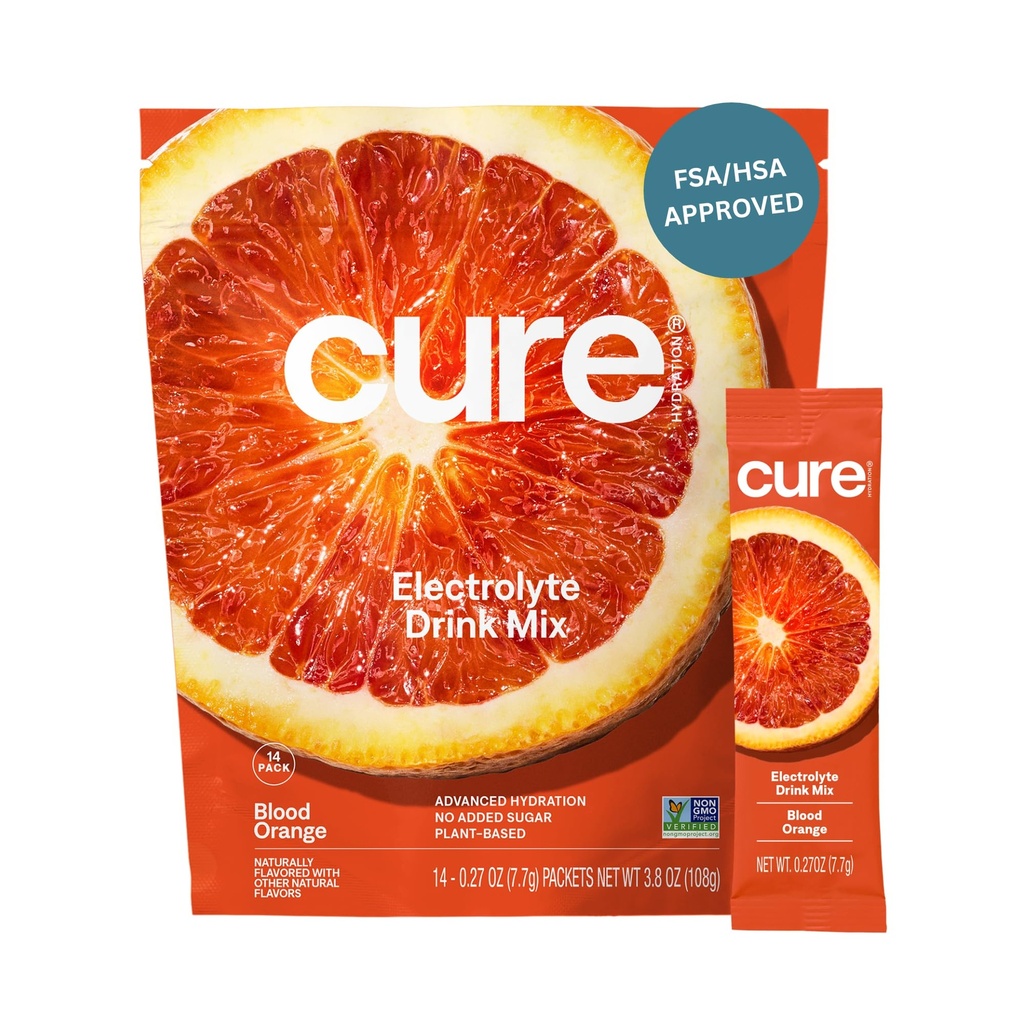 Cure Hydration | Plant-Based Electrolyte Drink Mix | No Added Sugar | FSA-HSA | Dehydration Relief Powder Made with Coconut Water | Non-GMO | Vegan | Påse av 14 Packets - Blood Orange