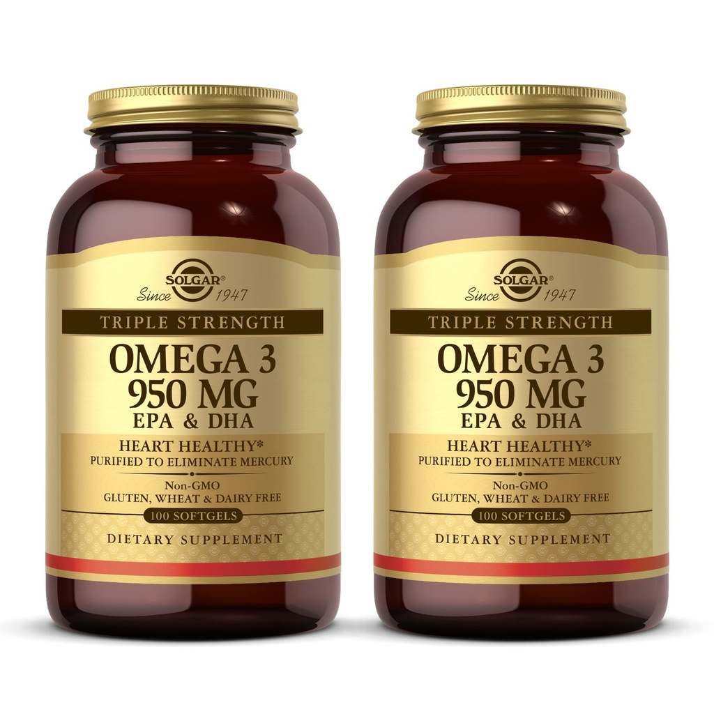 Solgar Triple Strength Omega 3 950 mg - 100 Softgels, Pack of 2 - Stöder Joint & Skin Health - Non-GMO, Gluten Free, Dairy Free - 200 Total Servings