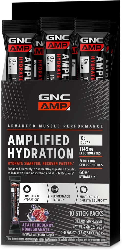 GNC AMP Amplified Hydration Electrolyte Powder Drink Mix | Förbättrad Electrolyte & Healthy Digestion Complex | Acai Blueberry Pomegranate | 10 Räkna