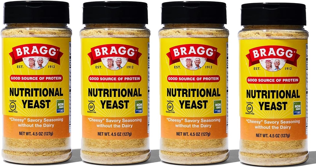 Bragg Nutritional Yeast Seasoning - Vegan, Gluten Free Cheese Flakes - Bra Source of Protein & Vitamins - Nutritious Savory Parmesan Cheese Substitute - Non GMO Verified, 4.5 Ounce, 4-Pack