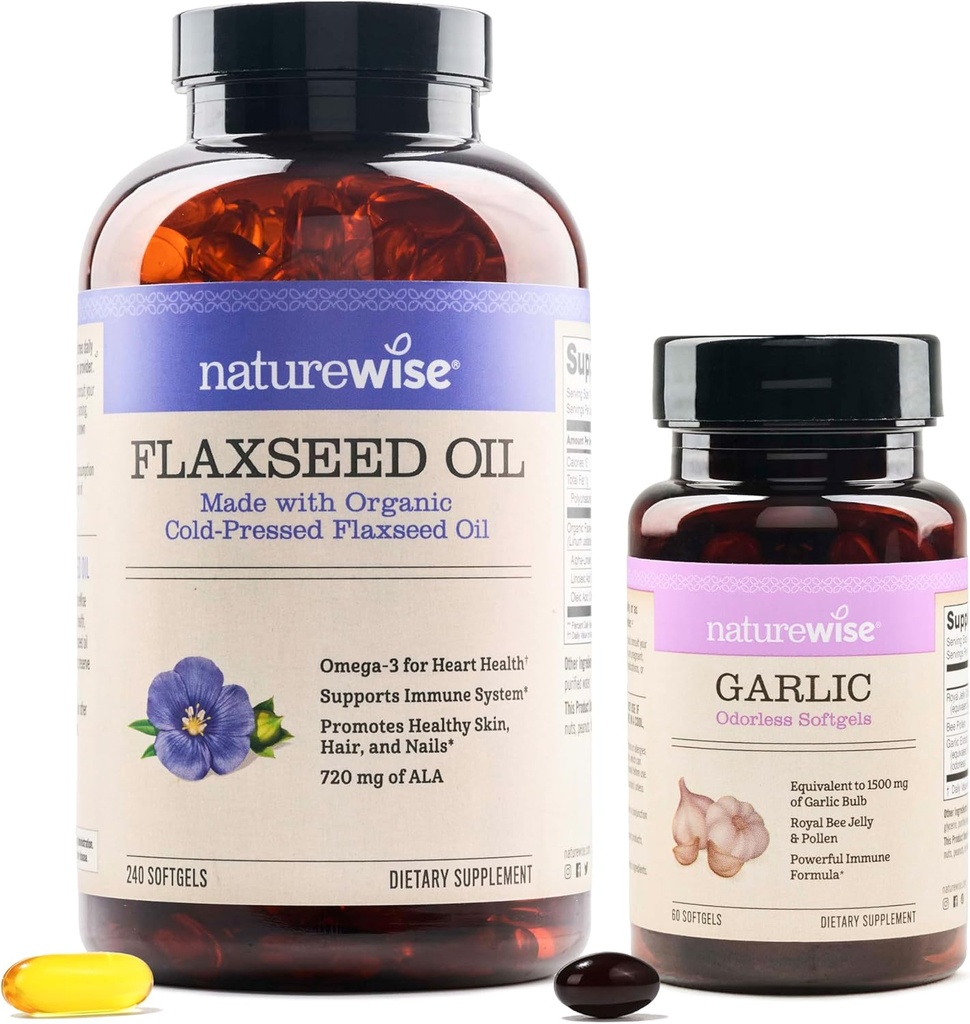NatureWise Organic Flaxseed Oil Max 720mg ALA | Högsta Potency Flax Oil Omega 3 Garlic Odorless Softgels 1500mg Support Teeth & Immune System Health