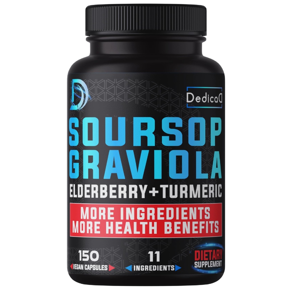 11in1 Graviola Soursop Capsules för 5 månaders leverans med Soursop Fruit, Elderberry, Turmeric, Ginger, Milk Thistle, Cranberry & More - Mood, Immune & Body Health - 150 Vegan Capsules