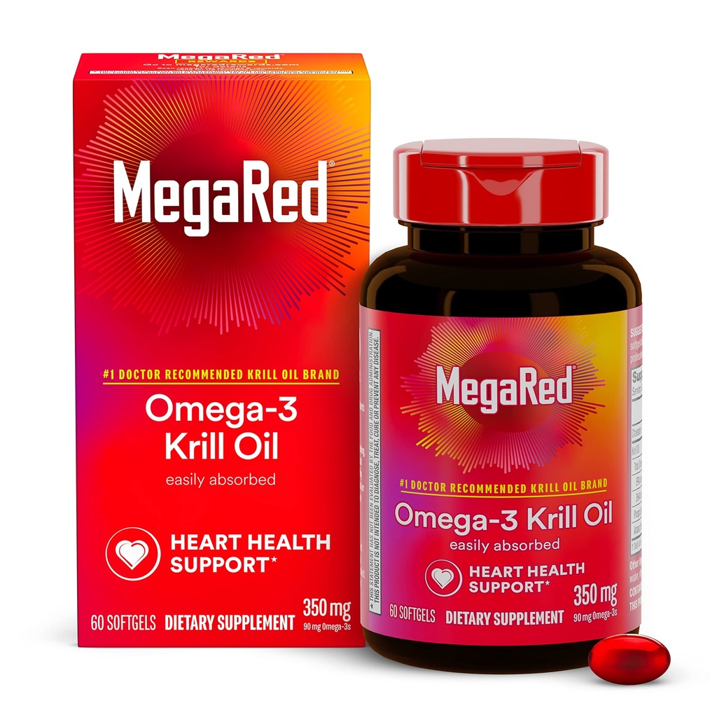 Omega-3 Krill Oil 350mg Softgels, MegaRed (60 greve i en flaska), EPA & DHA Omega-3 fettsyror utan fiskig eftersmak till skillnad från fiskolja, innehåller antioxidant Astaxanthin