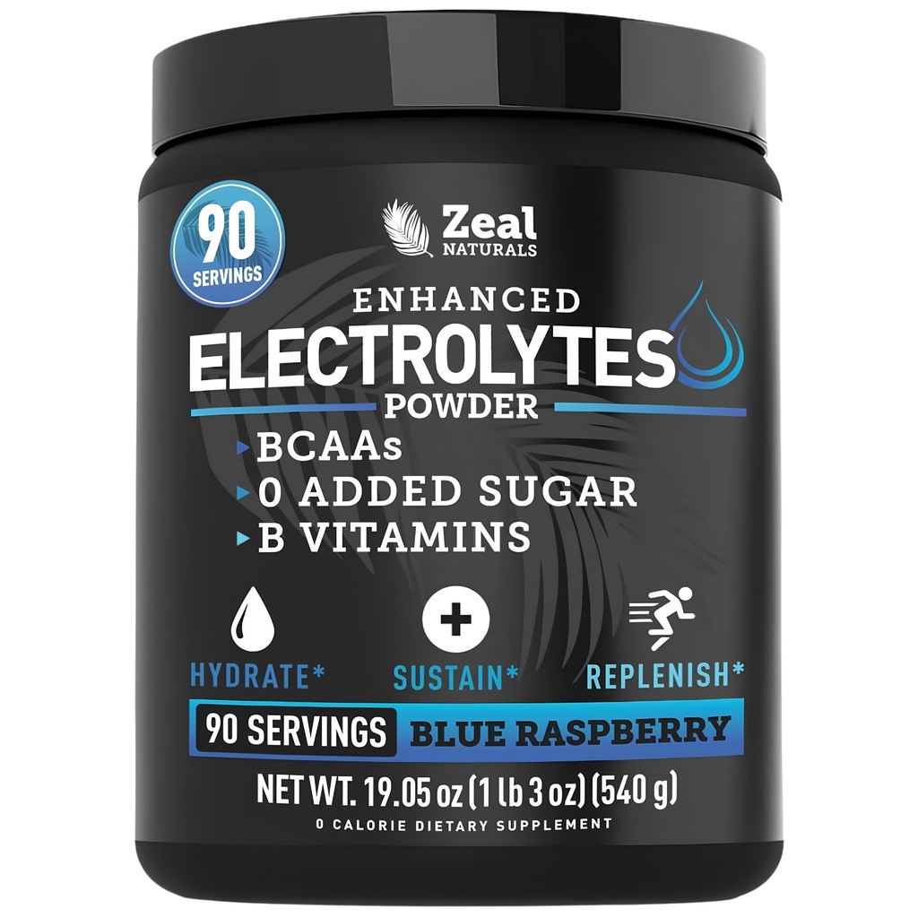 Zeal Naturals Electrolyte Powder Recovery Drink (90 portioner | Blue Raspberry) w 0 Sugar +BCAAs +B-Vitamins Electrolyte Supplement w Potassium Zinc & Magnesium för Hydration - Keto Electrolytes