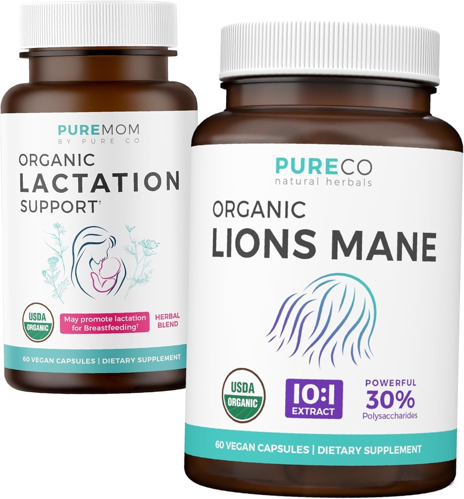 Laktationssupport & Lions Mane (1-månaders leverans) Mödrar Mind Bundle of Organic Lactation Support - Aid for Nursing Mothers (60 kapslar) & Organic Lions Mane Mushroom 10:1 Extract (60 kapslar)
