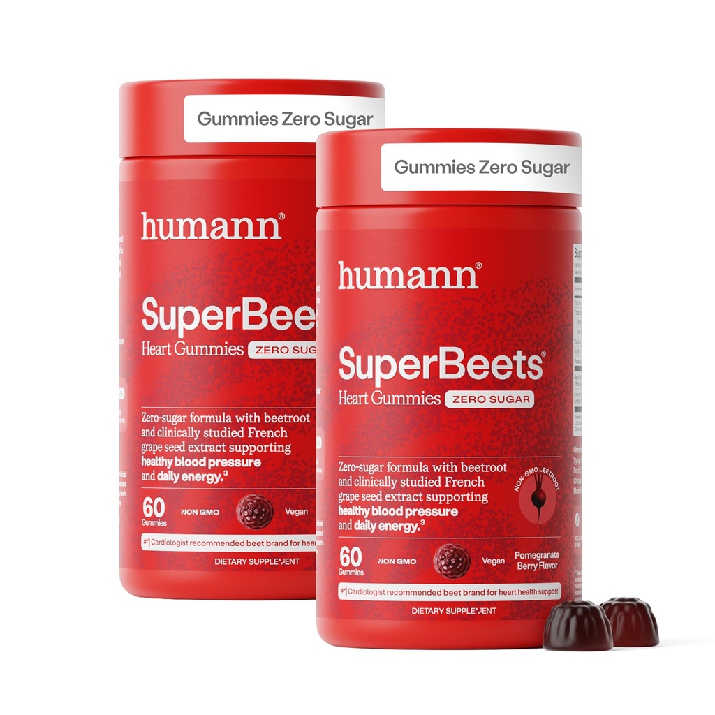 HumanN SuperBeets Heart Gummies - Beet Gummy med Heart-Healthy Energy Support, Grape Seed Extract & Beetroot Powder, Sugar Free - Pomegranate Berry Flavor, 120 Count