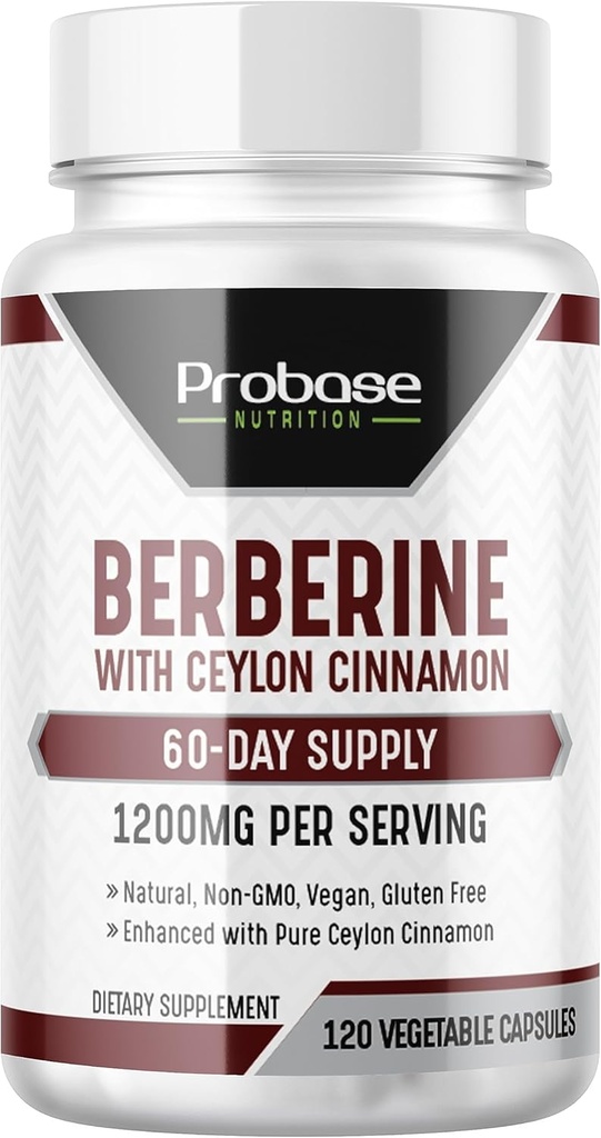 Probase Nutrition Berberine med kanelextrakt - Glutenfri och Vegan - 120 kapslar - 1200 mg per portion