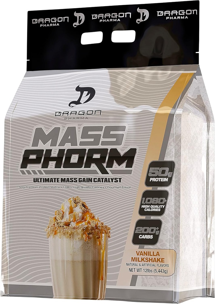 DRAGON PHARMA Mass Phorm, Ultimate Mass Gain Catalyst, 50g Protein Matrix, 200 g komplexa kolhydrater, över 1000 kalorier per portion (20 portioner, Vanilla Milkshake)