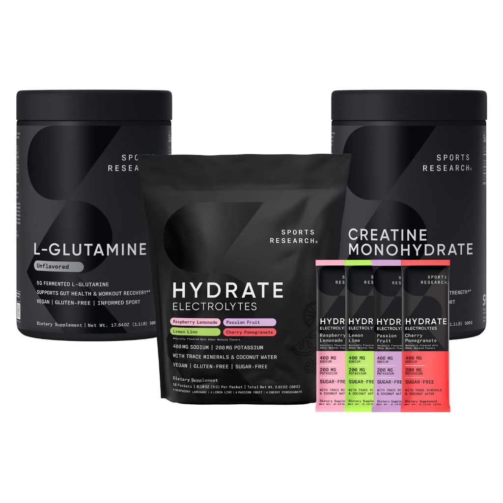 Sportforskning L-Glutamin (1.1 lbs), Sugar-Free naturligt smaksatta Hydrate Electrolytes 16x Variety Packets och Kreatinmonohydrat (1.1 lbs)