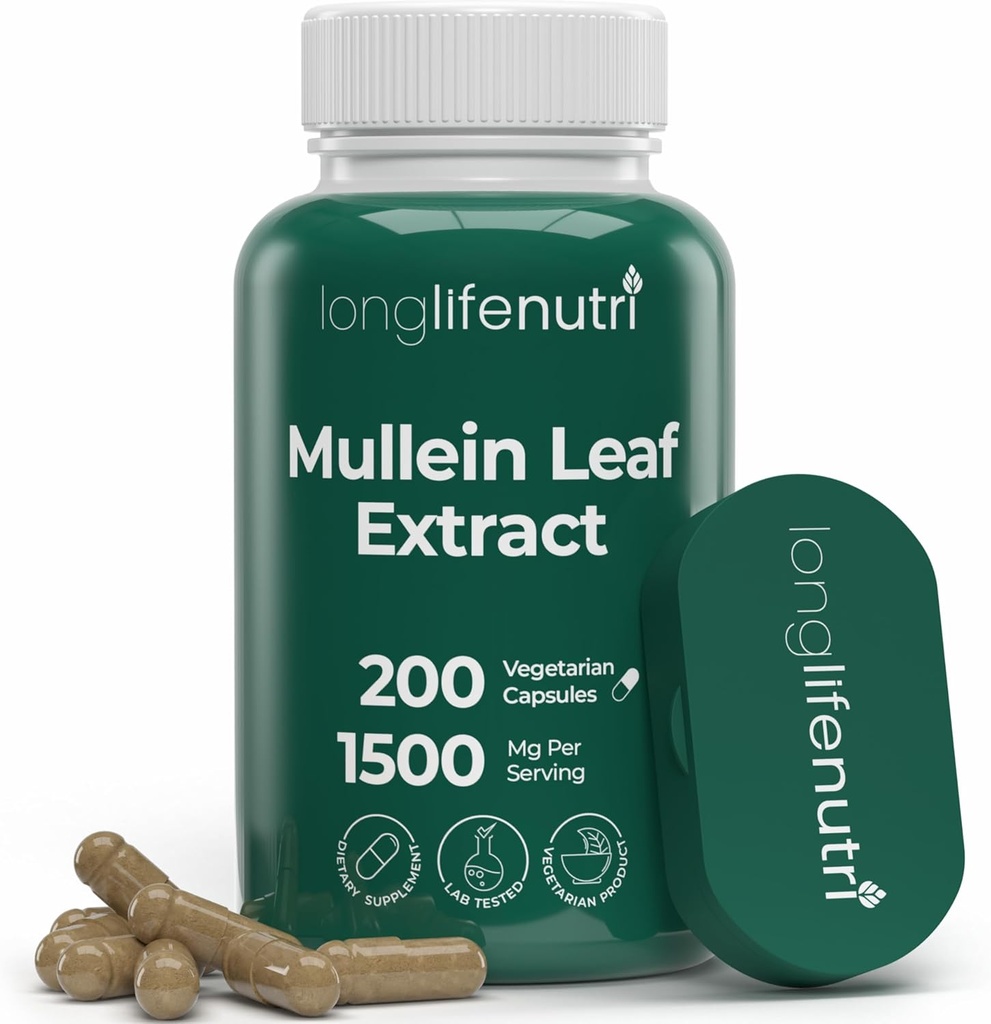 LongLifeNutri Mullein Leaf 1500mg 10:1 Extract - 200 vegetariska kapslar, från Organic Mullein Leaf Powder, Herbal Supplement for Respiratory Care, 2-månaders Supply, Non-GMO, GMP Certified, Made in USA