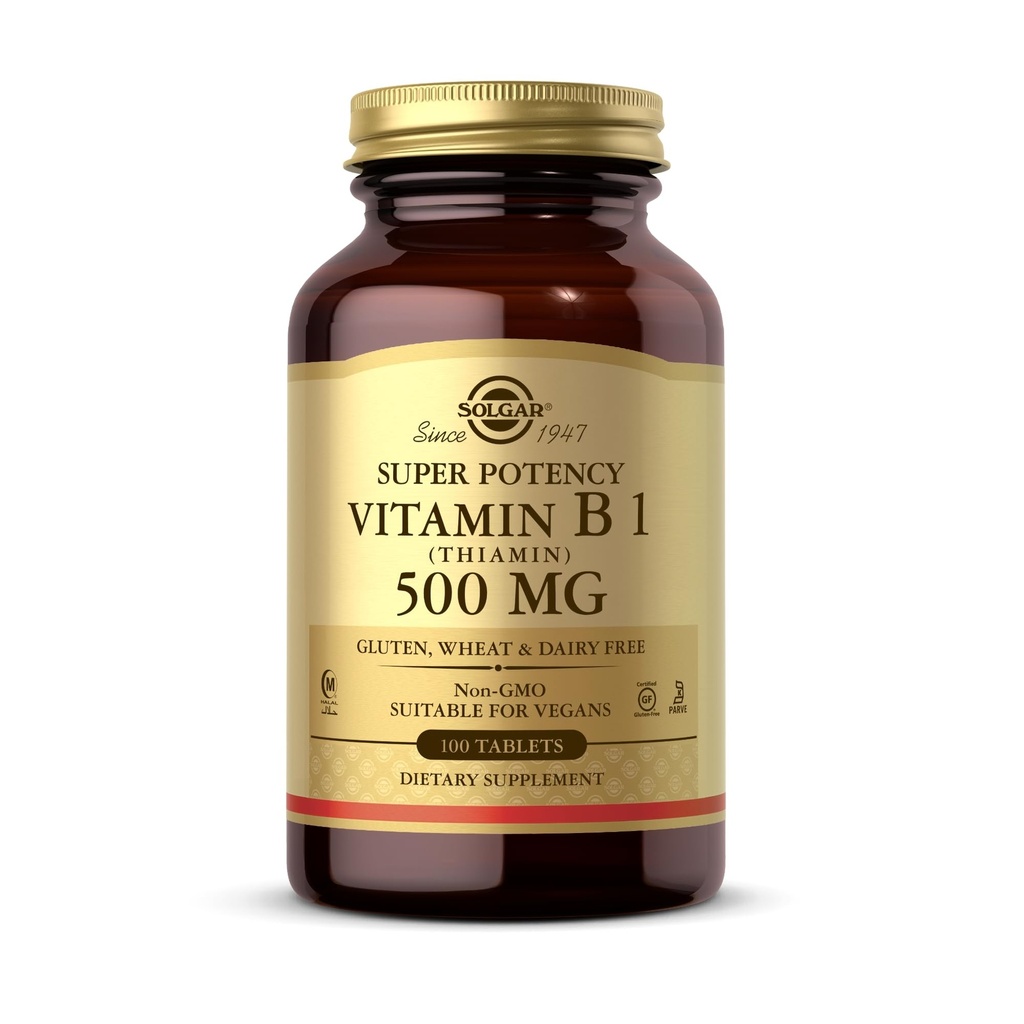 Solgar Vitamin B1 (Thiamin) - 100 tabletter - Super Potency, 500mg Formel - Non-GMO, Vegan, Gluten Free, Kosher, Halal - 100 portioner