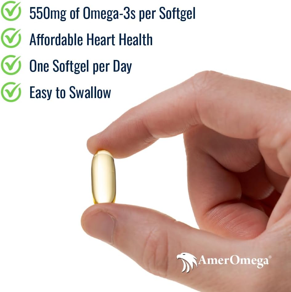 AmerOmega Triglyceride Omega-3 Fiskolja för hjärthälsa Support - Wild-Caught Alaskan Walleye Pollock - Amerikansk-Sourced, American-Made - Non-GMO, Gluten-Free & Dairy-Free - 60 Softgels