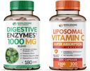 Allvarlig Wellness Digestive Enzymes 1000MG Plus Prebiotika & Probiotika + Liposomal Vitamin C Capsules (200 Pills 1500mg Buffered) Bundle
